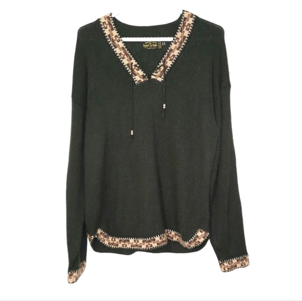 American South Side Alpaca Wool Sweater Green Aztec Design Boho Womens Size L